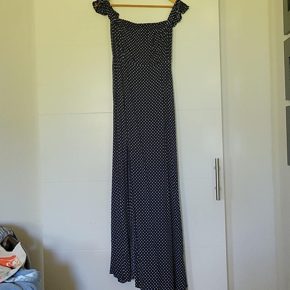 Lulu's off-the-shoulder navy polka dot dress szL